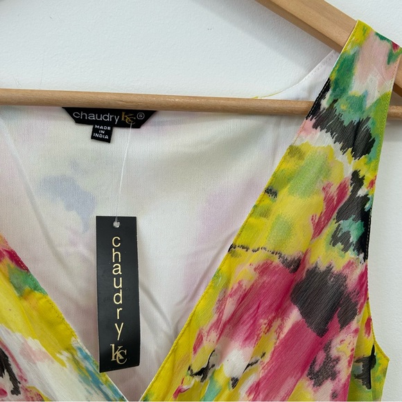 Chaudry Dress Womens Small V Neck Sleeveless Yellow Abstract Midi New - Picture 3 of 10